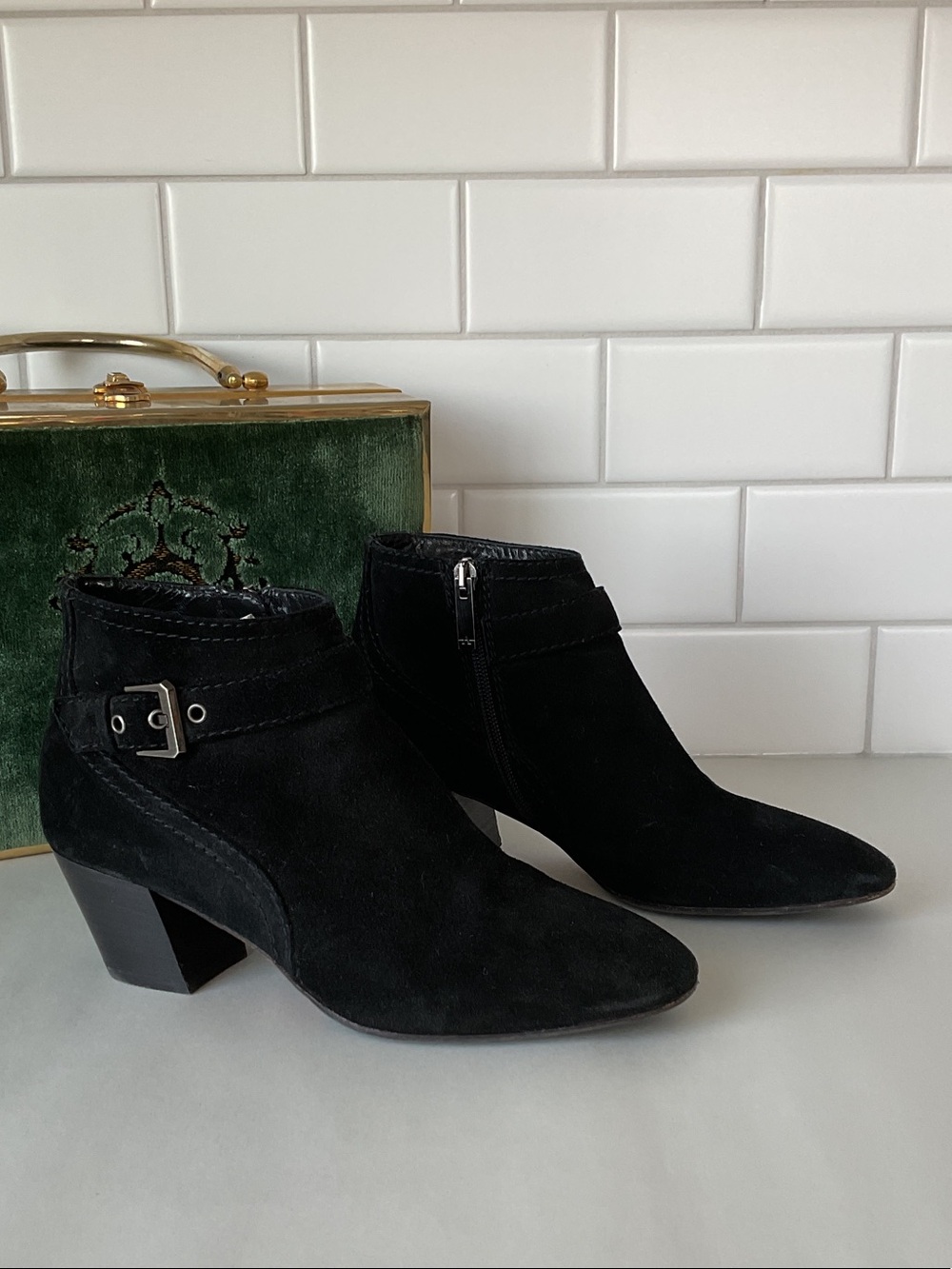 AQUATALIA Black Suede Ankle Booties with Side Buckle